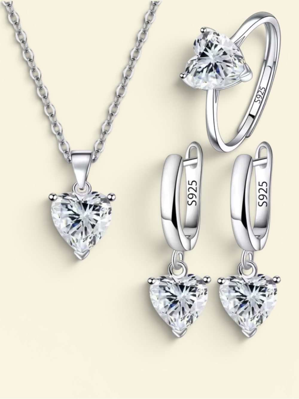 Set 925 Sterling Silver Heart CZ Jewelry Set - Necklace, Ring & Earrings